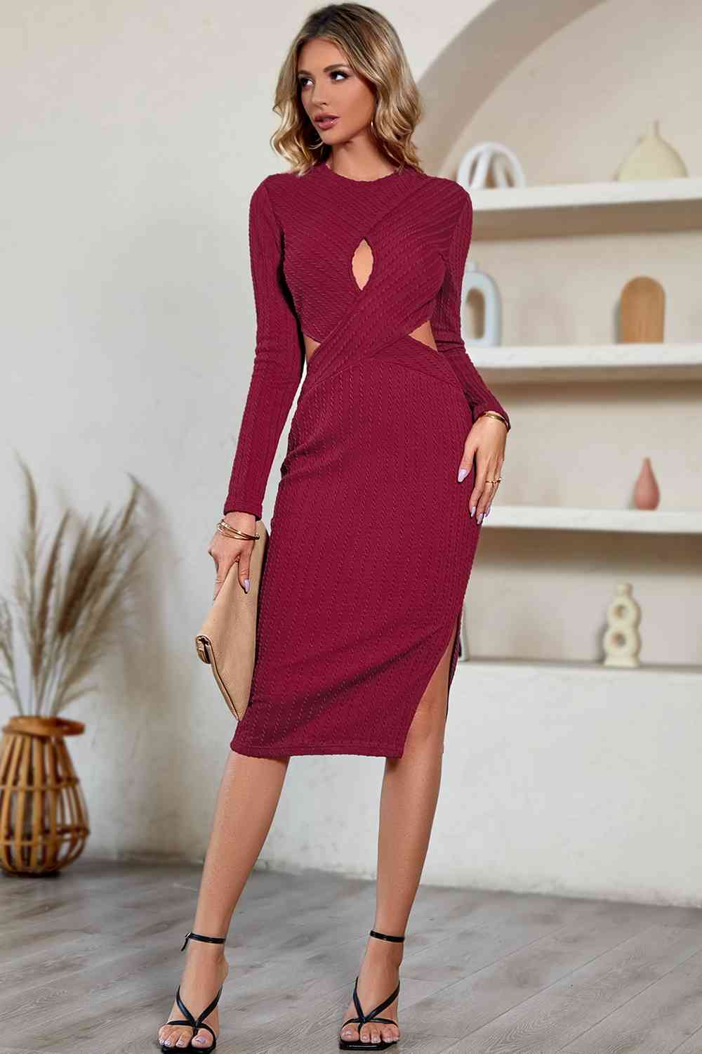 Cutout Crisscross Round Neck Long Sleeve Dress