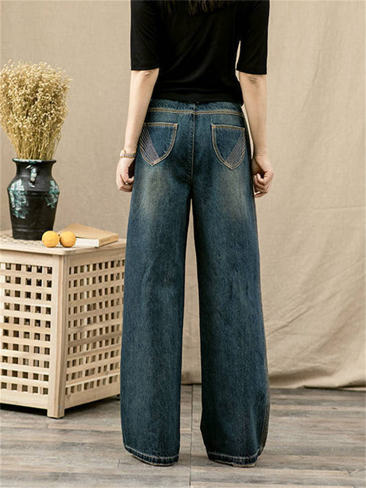 Women's Leisure High Waist Washed Effect Blue Floor Length Jeans