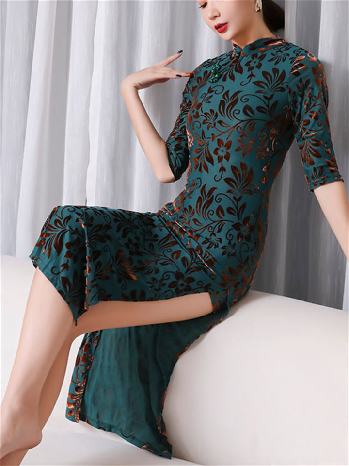 Women's Classy Stand Collar Half Sleeve High Split Jacquard Qipao