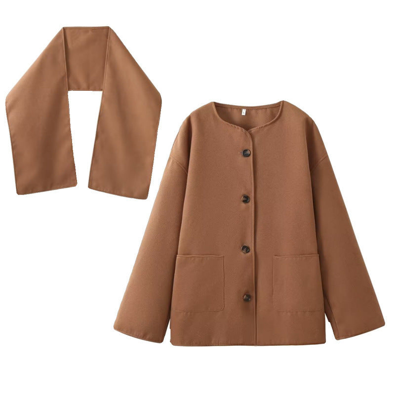 Ivyshape | Woolen Coat with Scarf Collar and Loose Fit Design