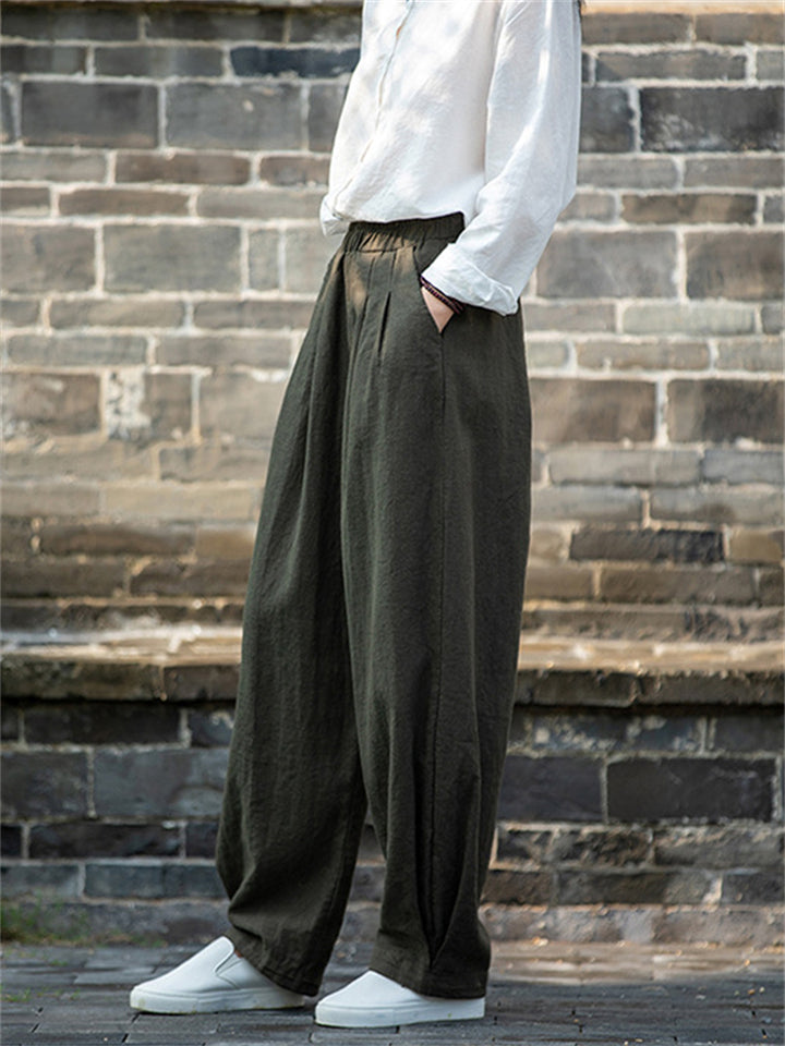 Zen Style Warm Plush Lined Linen Long Pants for Winter