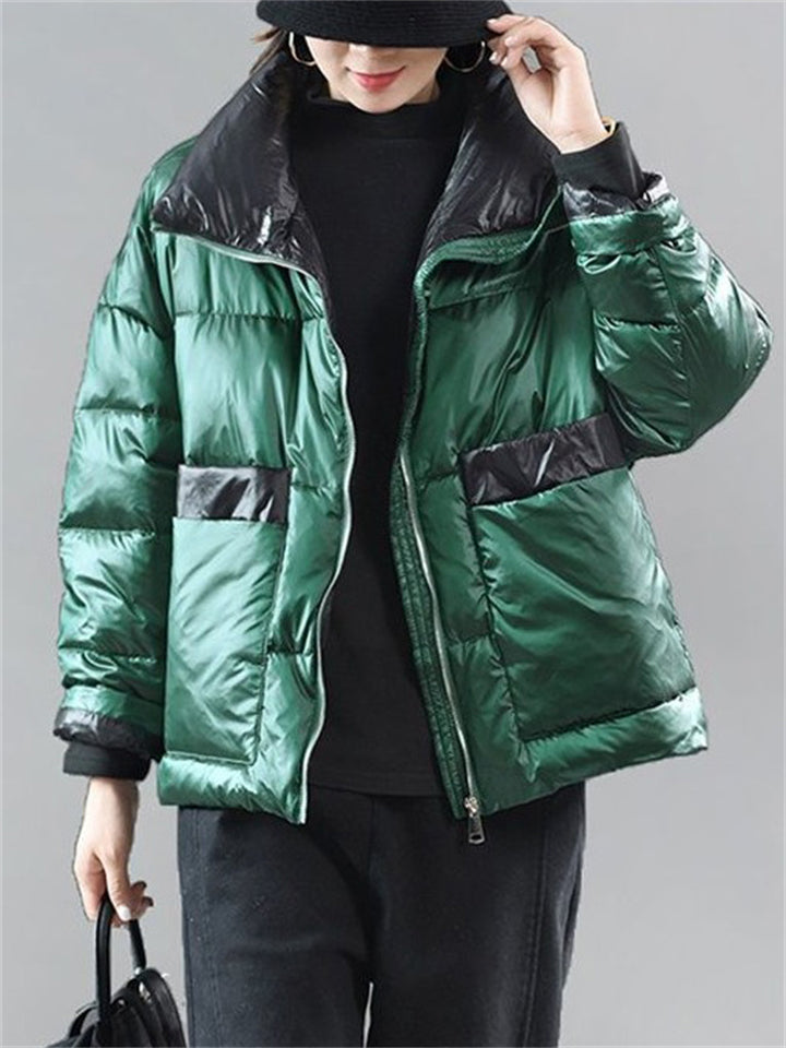 Trendy Stand Collar Contrast Color Puffy Down Coat