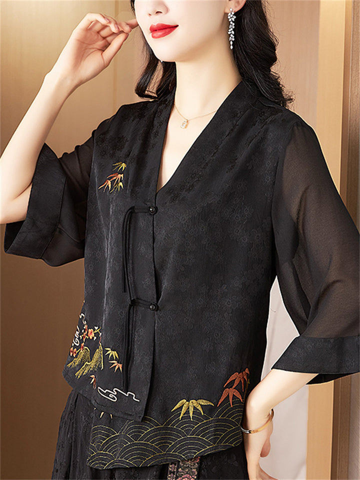 Women's Summer Ancient Style Embroidery Irregular Hem Shirt