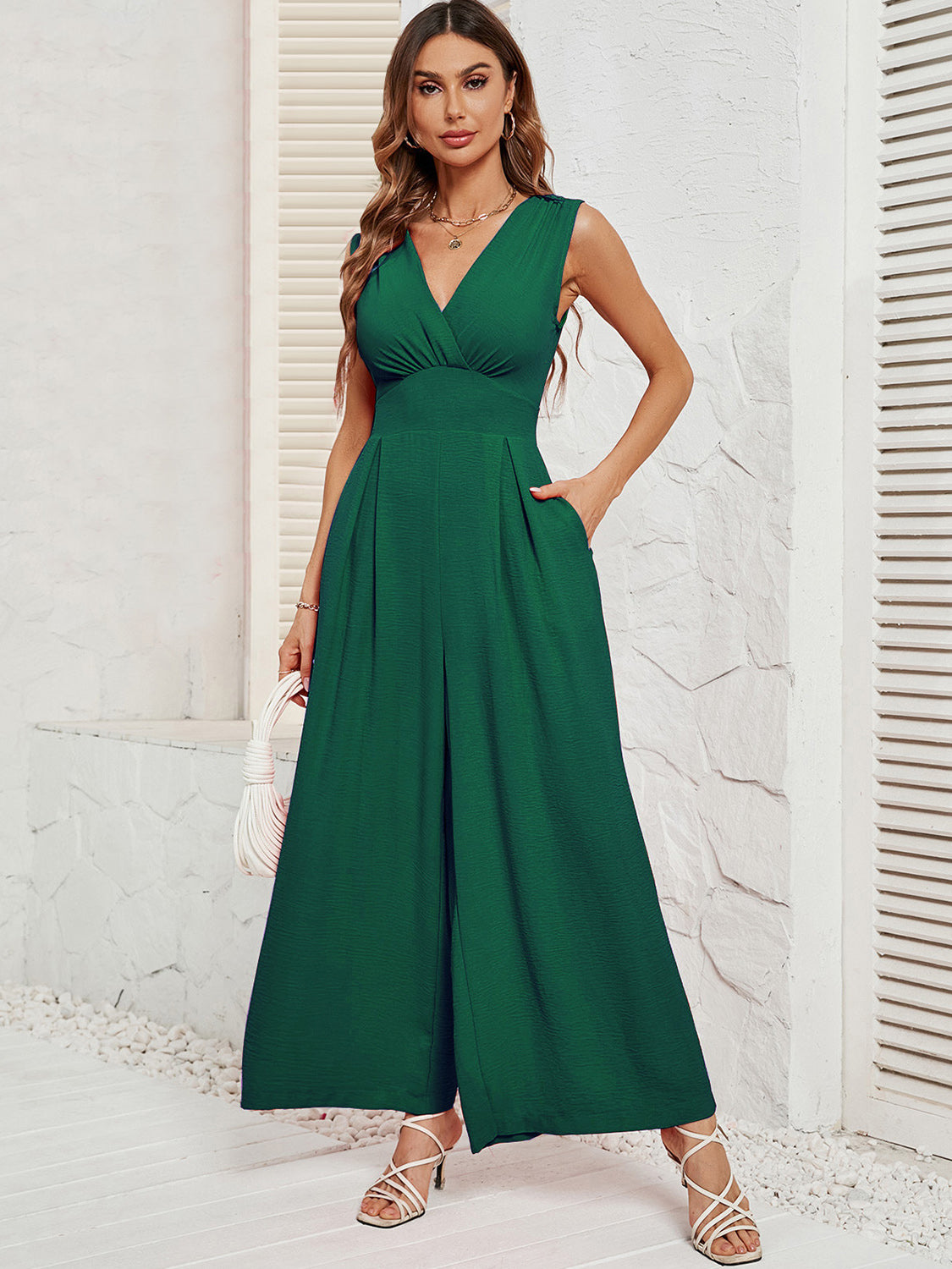 Ivyshape | Surplice Wide Strap Jumpsuit with Pockets