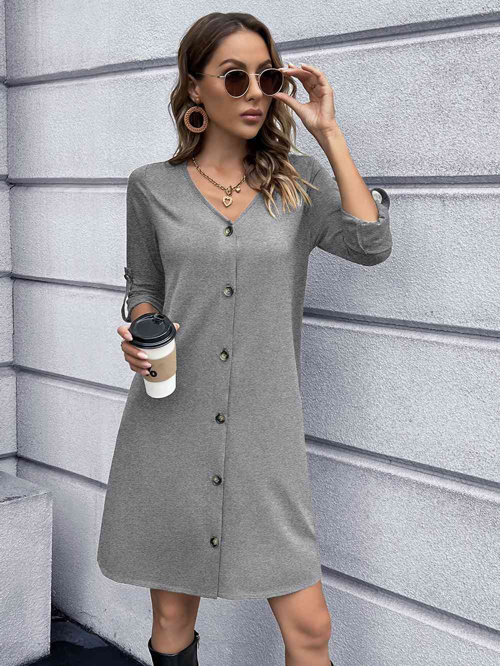 Button Down V-Neck Mini Dress