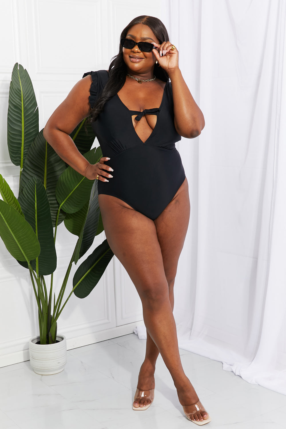 Ivyshape | West Swim Shell Ruffle Sleeve One-Piece In Black