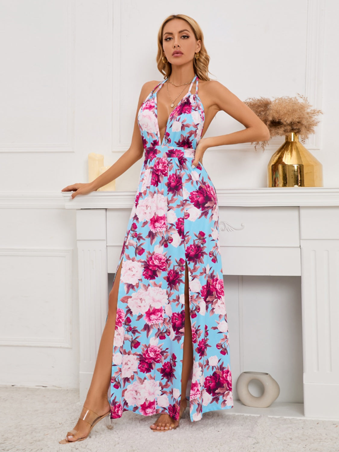 Ivyshape | Slit Backless Printed Halter Neck Dress