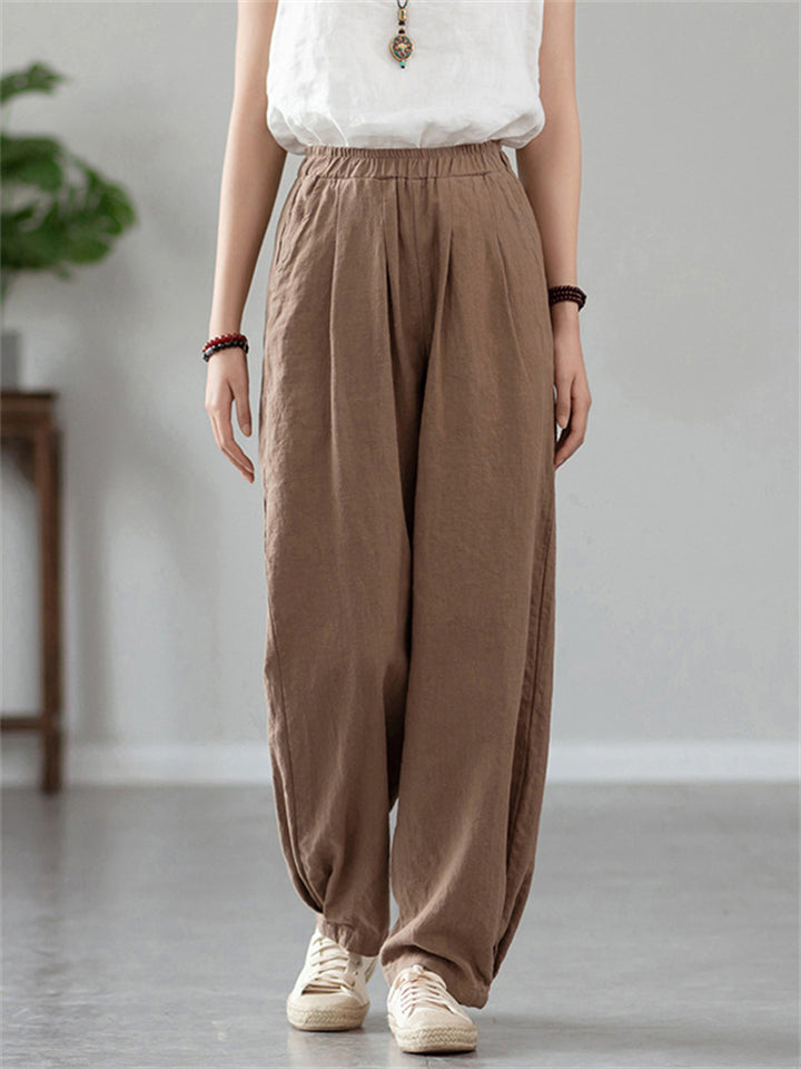 Zen Style Warm Plush Lined Linen Long Pants for Winter