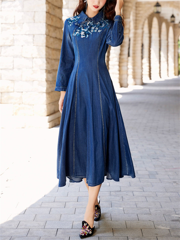 Elegant Blue Denim Flower Embroidery Women Pleated Dress