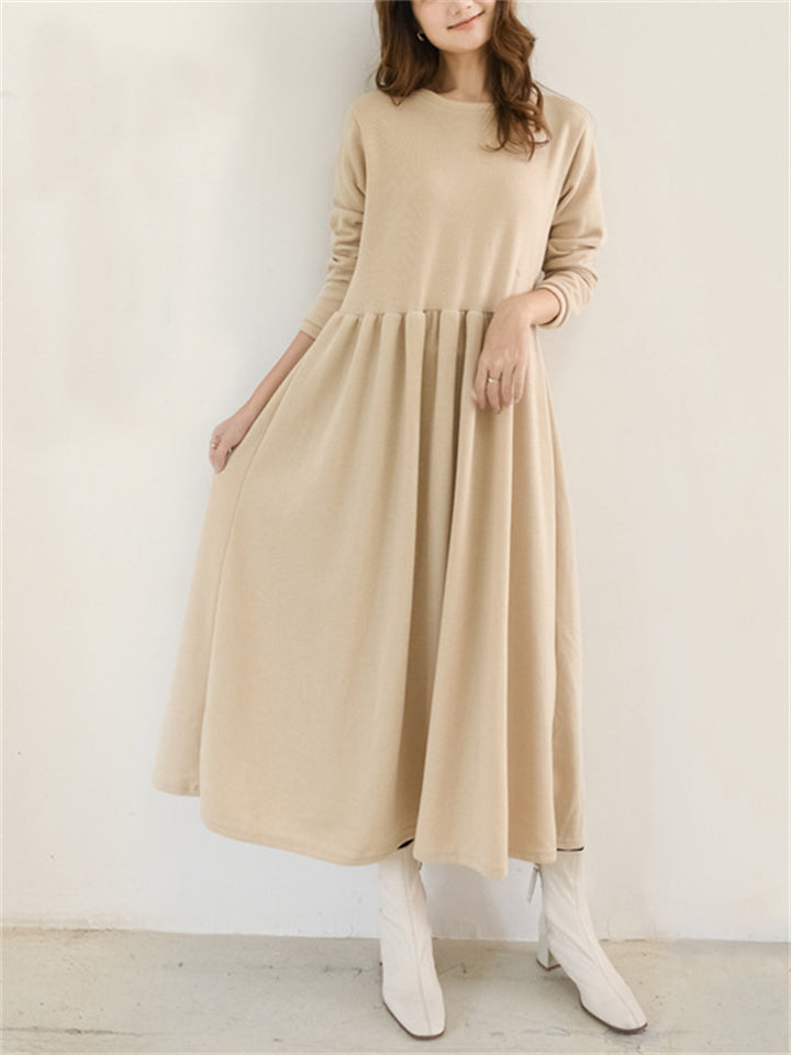 Winter Gentle Round Neck Long Sleeve A-Line Dress for Women