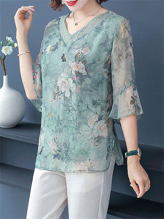 V-neck Floral Loose Chiffon Shirts