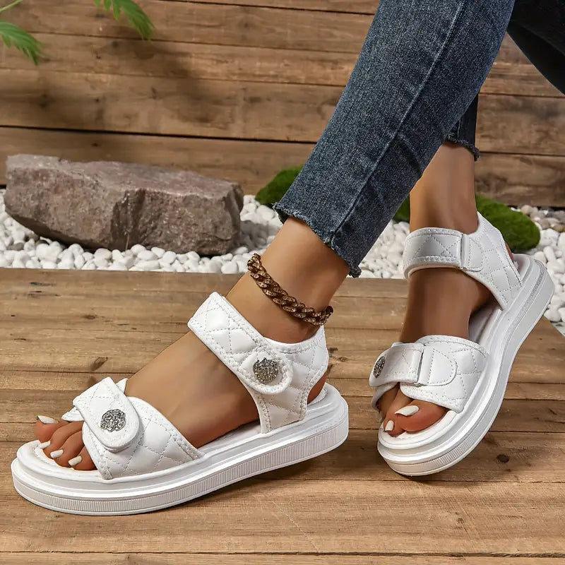 Ivyshape | Metallic Sandals with Floral Pattern and Buckle