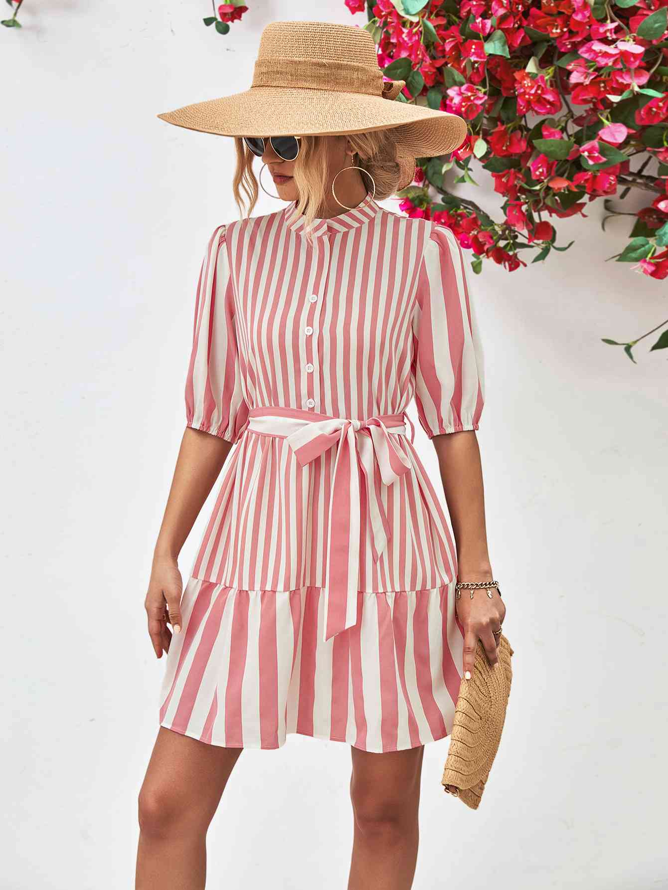 Striped Half Sleeve Tie Waist Mini Dress