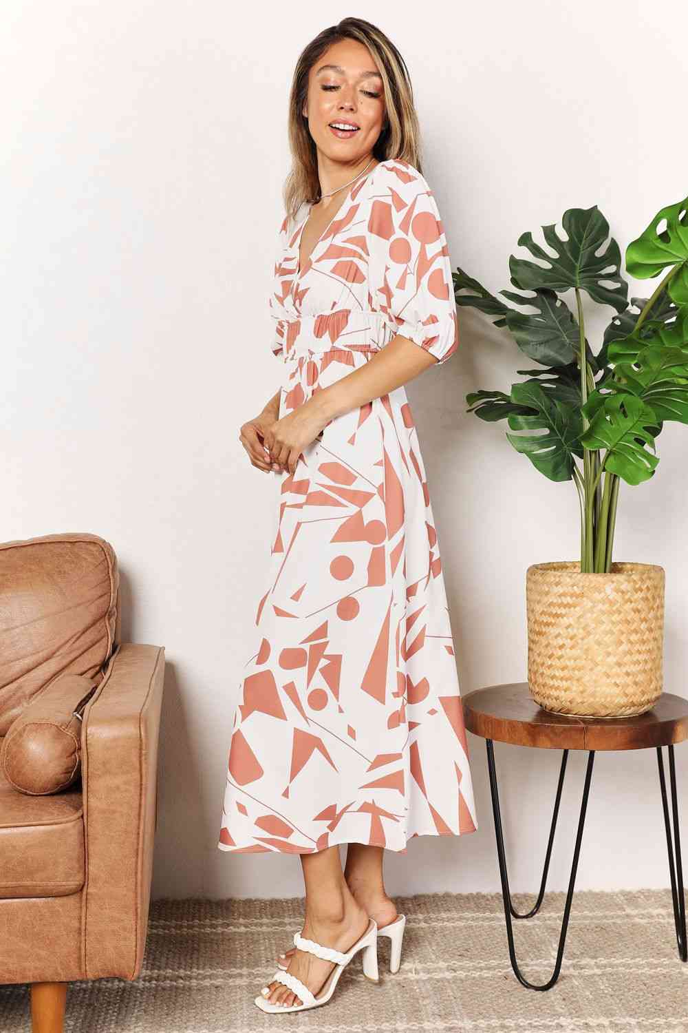 Double Take Printed Surplice Balloon Sleeve Dress