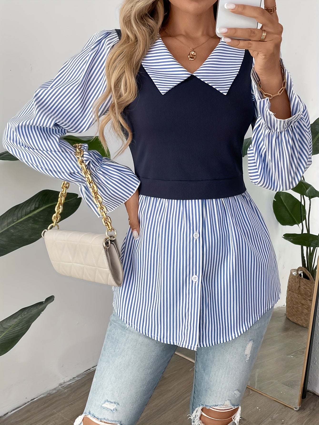 Ivyshape | Striped Color Block Blouse with Button Front for Women