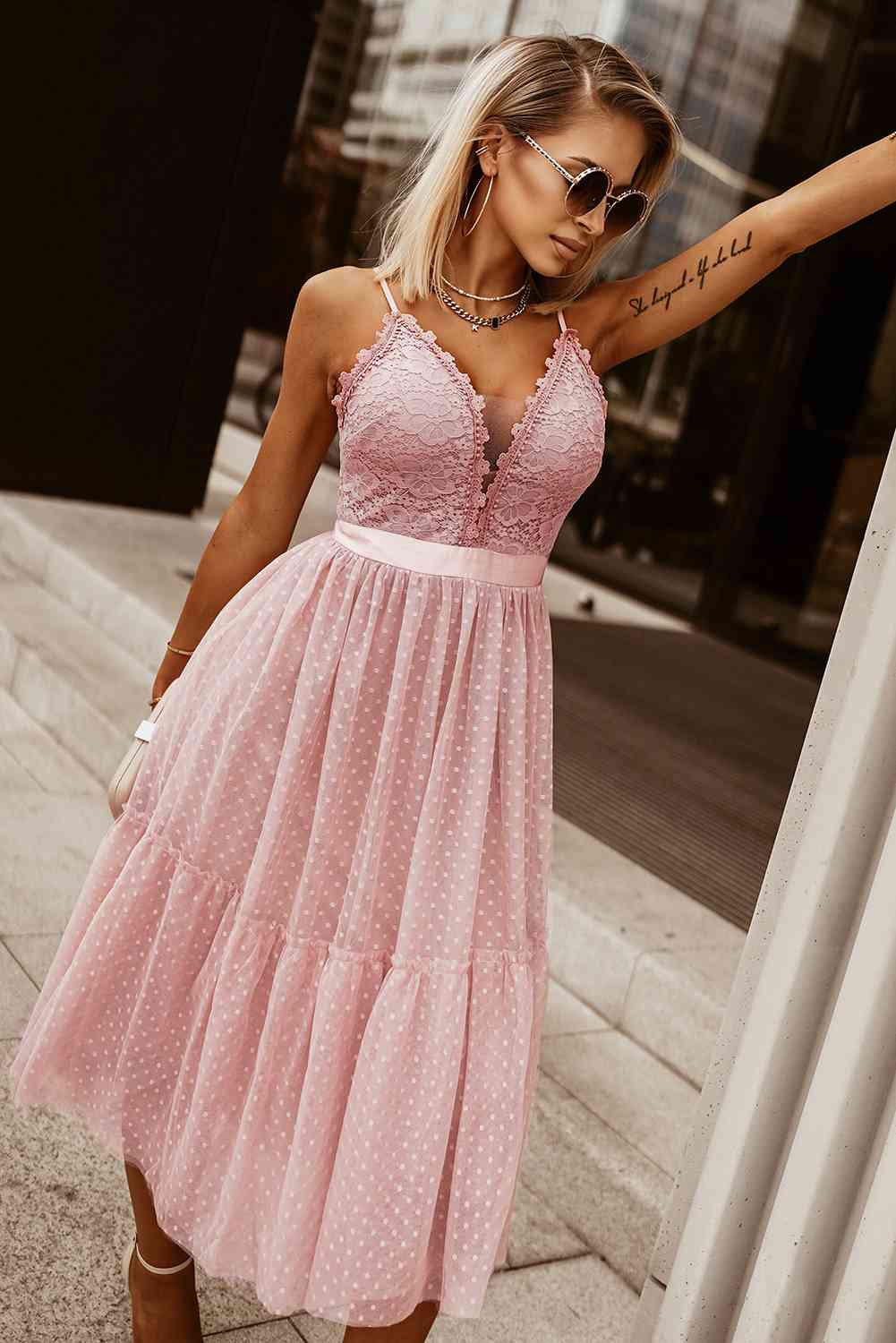 Lace Adjustable Spaghetti Strap Tiered Dress