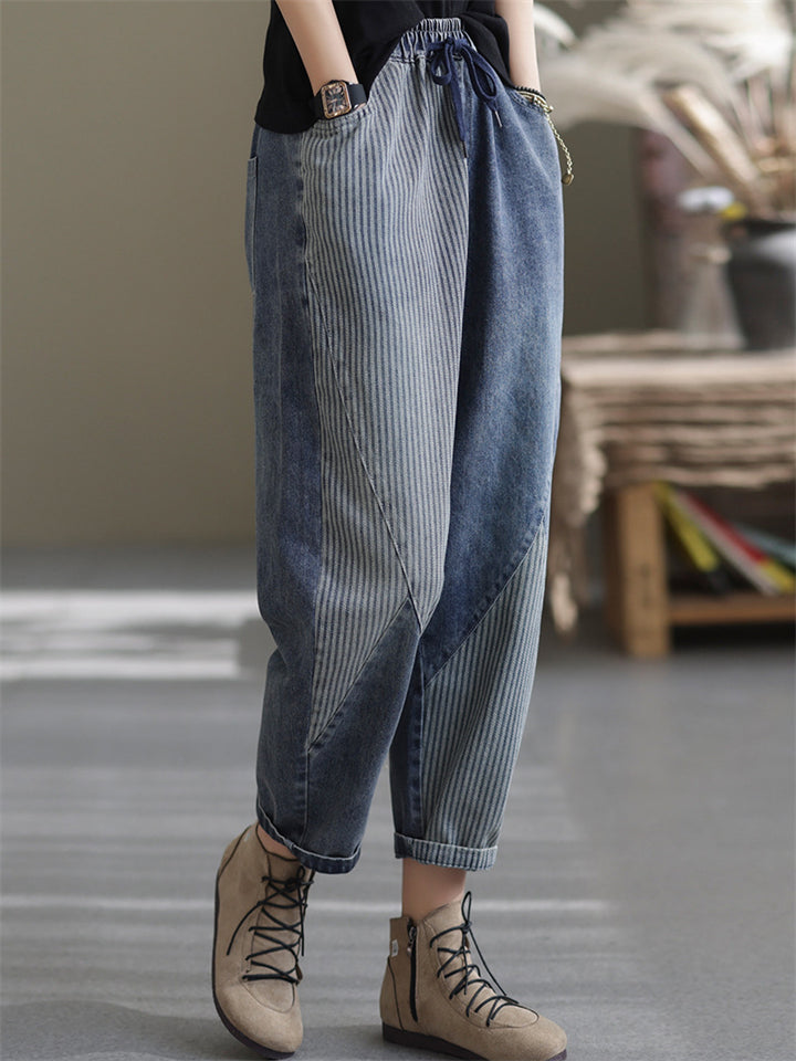 Trend Striped Patchwork Blue Denim Pants