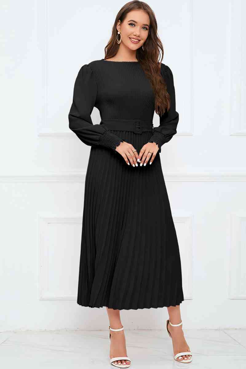 Round Neck Flounce Sleeve Pleated Dress