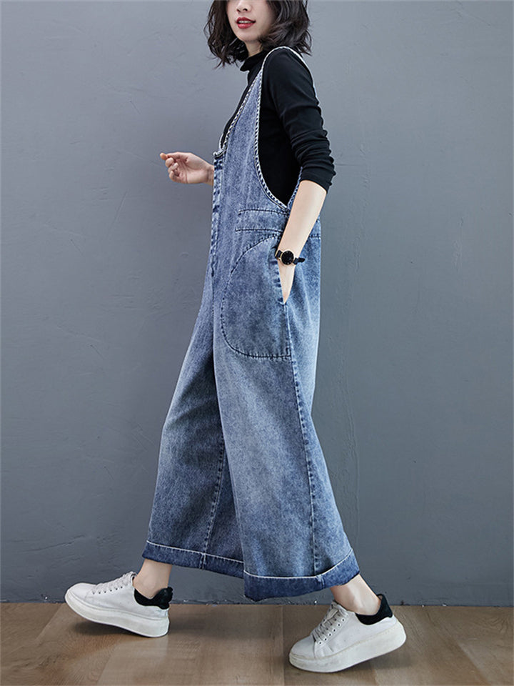 Women's Leisure U Neck Washed Straight Leg Denim Overalls