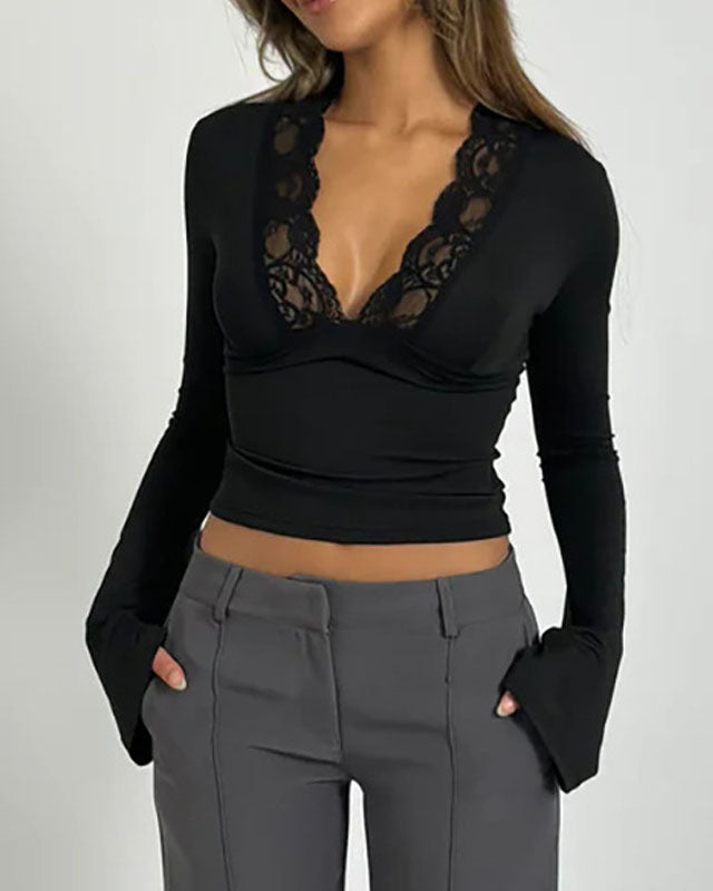 Ivyshape | Women's Deep V-Neck Lace Accent Top Long Sleeves