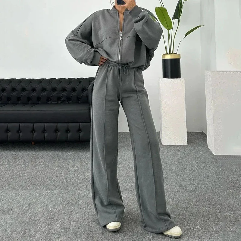 Ivyshape | Fleece Zipper Jacket Pants 2-Piece Set