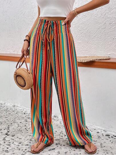 Ivyshape | Multi-Color Stripe Casual Pants with Tied Elastic Waist