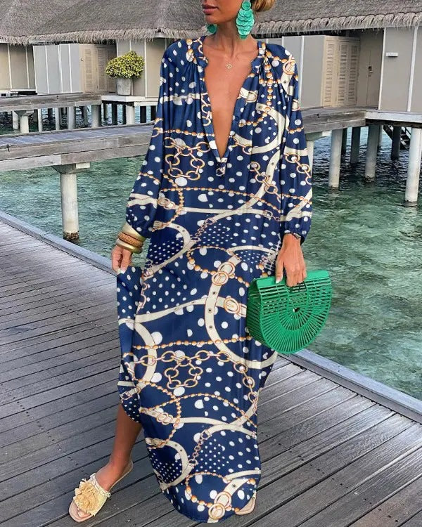 V-Neck Loose Long Sleeve Print Dress