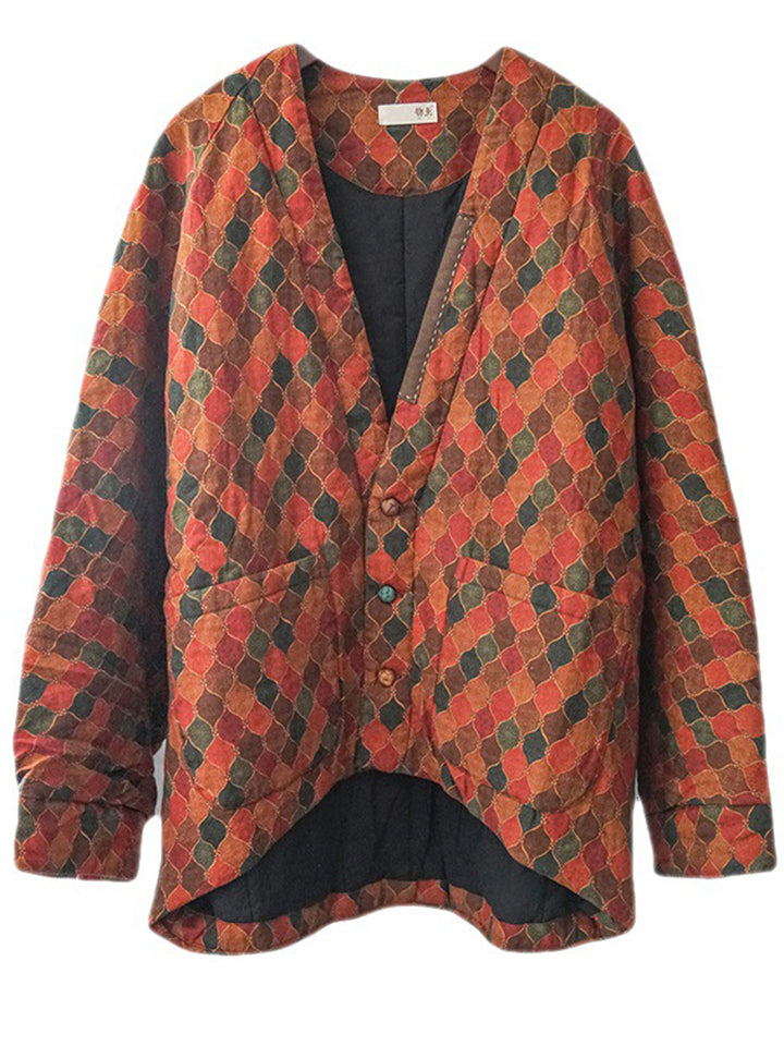 Colorful Plaid V Neck Batwing Sleeve Cotton Padded Coat