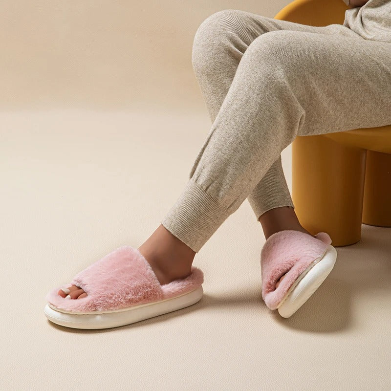 Cozy Fur Peep Toe Slippers for Women