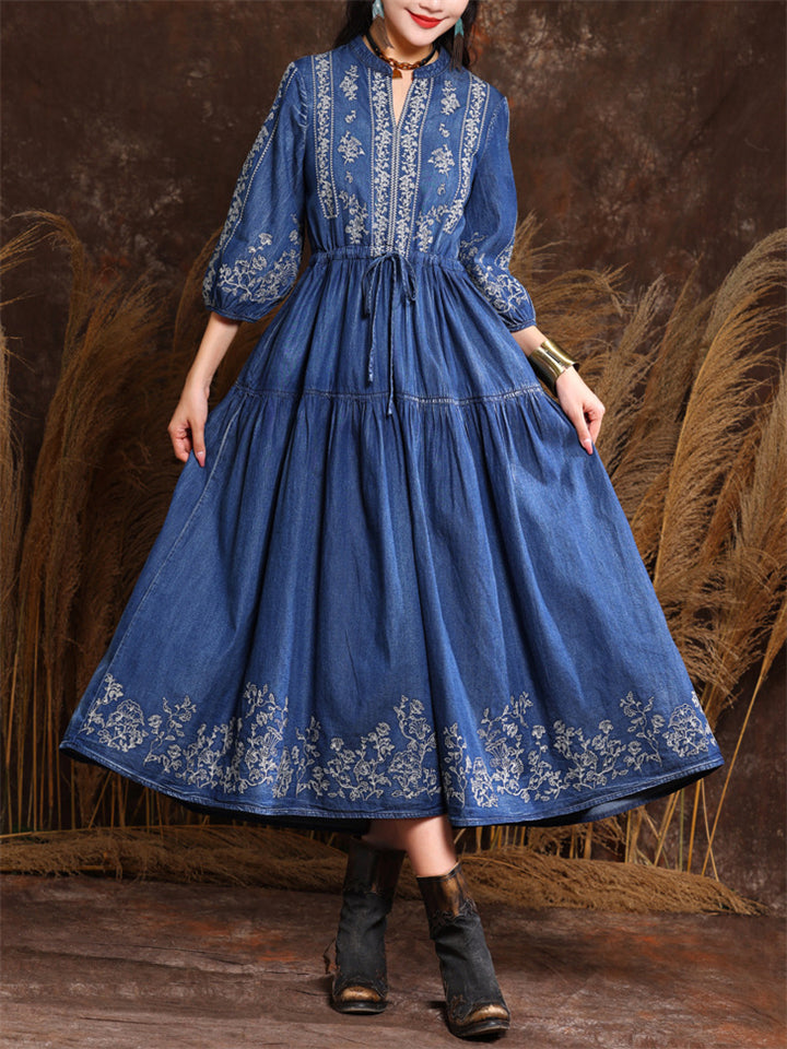 Female Elegant Embroidery Spring Summer Waist Denim Dress