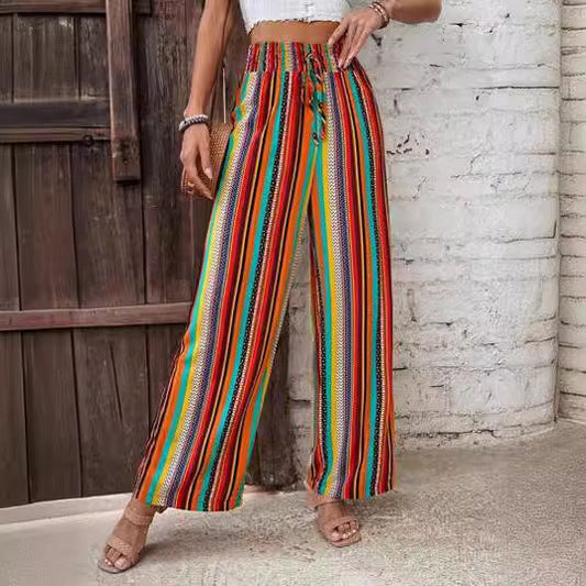 Ivyshape | Multi-Color Stripe Casual Pants with Tied Elastic Waist