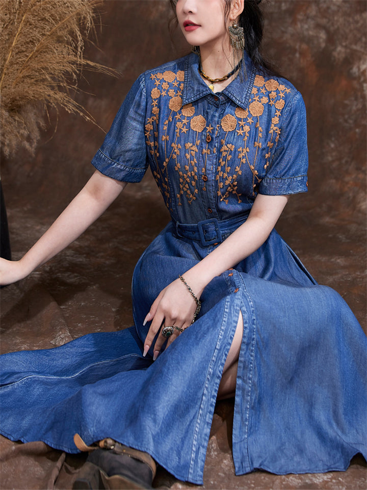 Orange Leaf Embroidery Lapel Button Blue Denim Dress