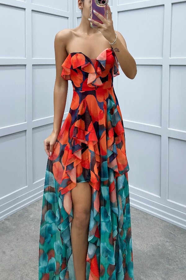 Ivyshape | Moment Gradient Unique Print Flowing Layered Ruffles Strapless Slit Maxi Dress