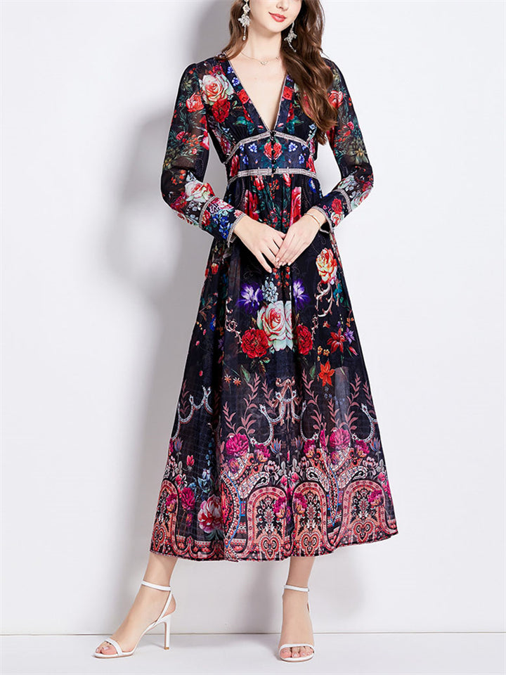 Flowy Chiffon Elegant Front Split Floral Print Dress for Lady