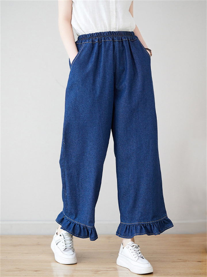 Ruffled Leg Cuff Blue Straight Leg Jeans