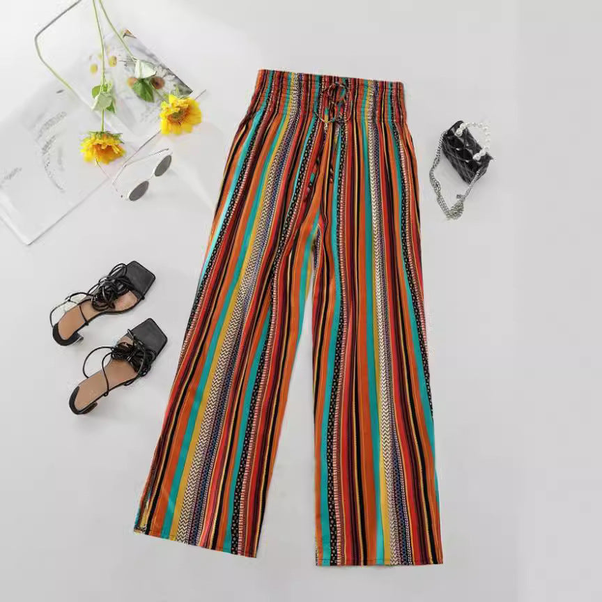 Ivyshape | Multi-Color Stripe Casual Pants with Tied Elastic Waist