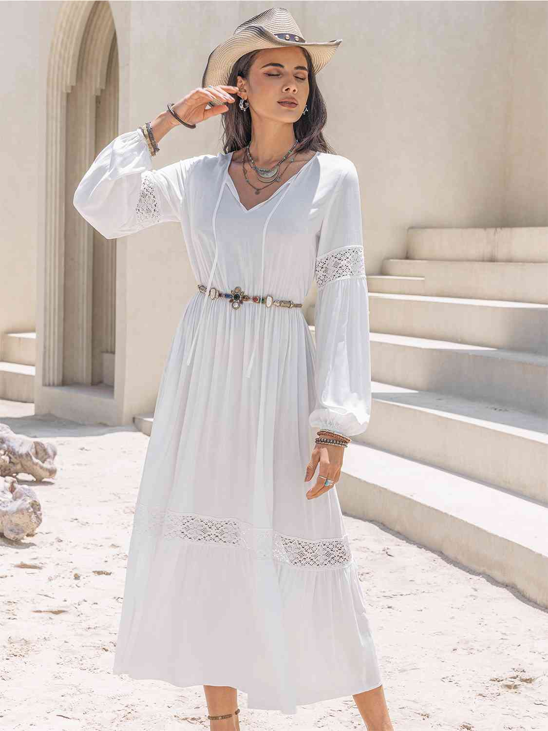 Tie Neck Long Sleeve Midi Tiered Dress