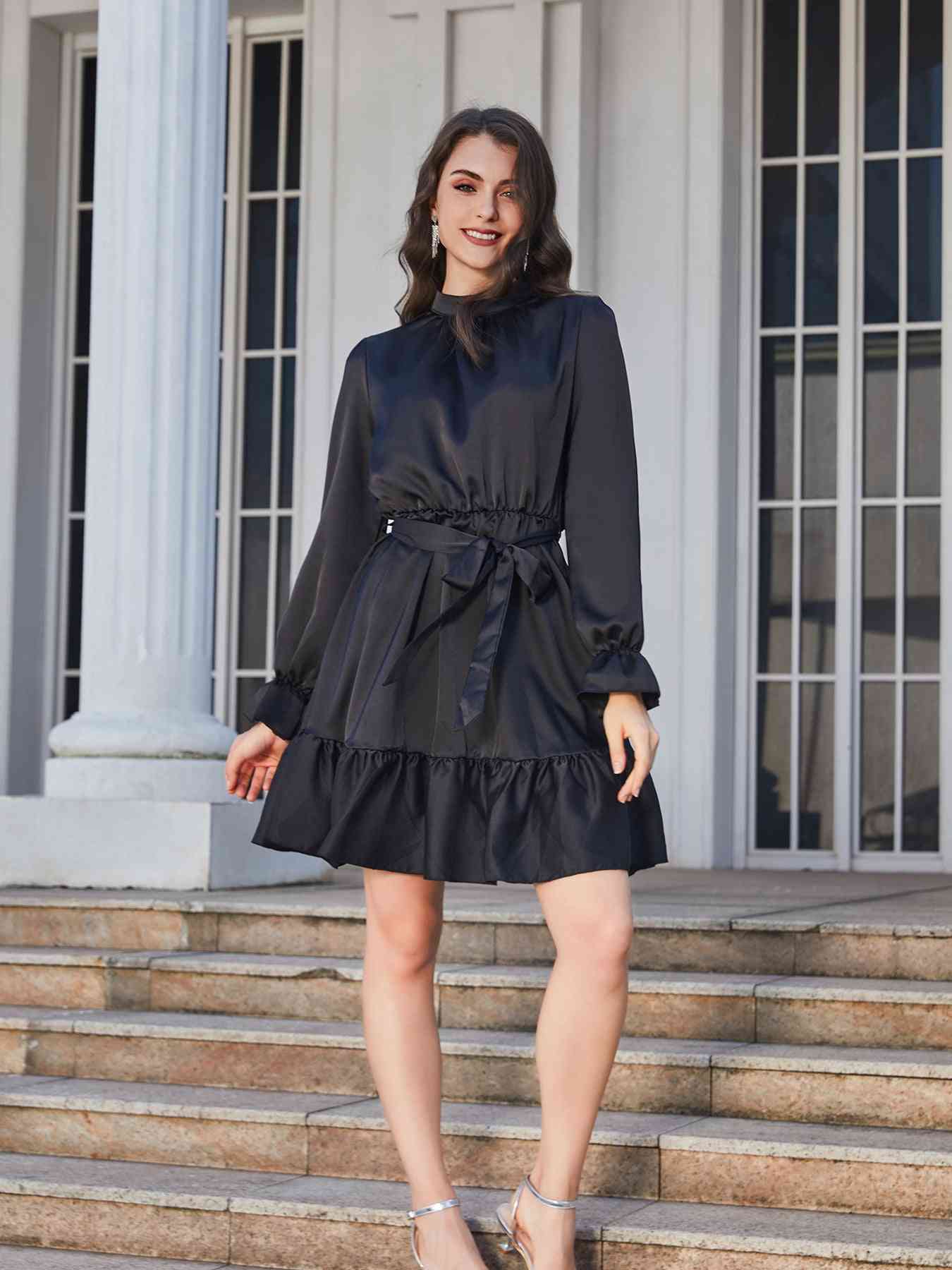 Ruffle Hem Tie Belt Mock Neck Knee Length Dress