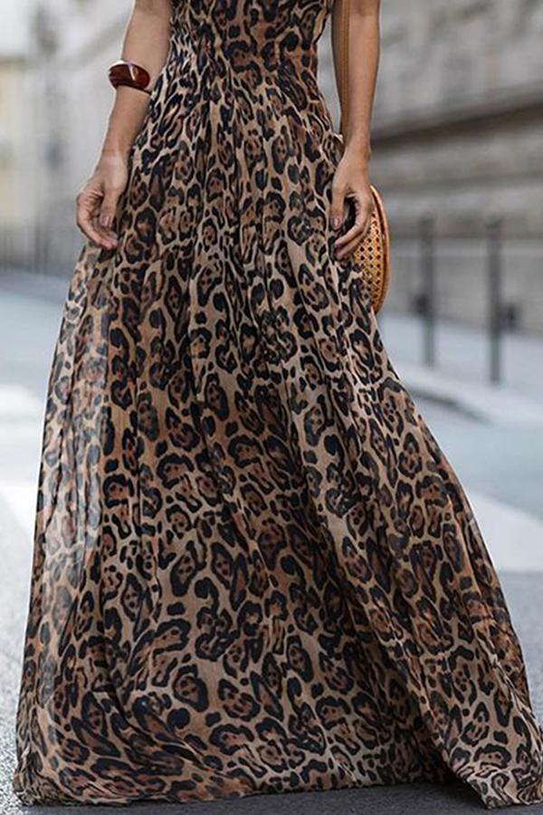 Leopard Print Spaghetti Strap Maxi Long Dress