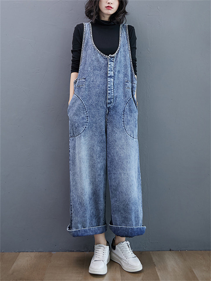 Women's Leisure U Neck Washed Straight Leg Denim Overalls