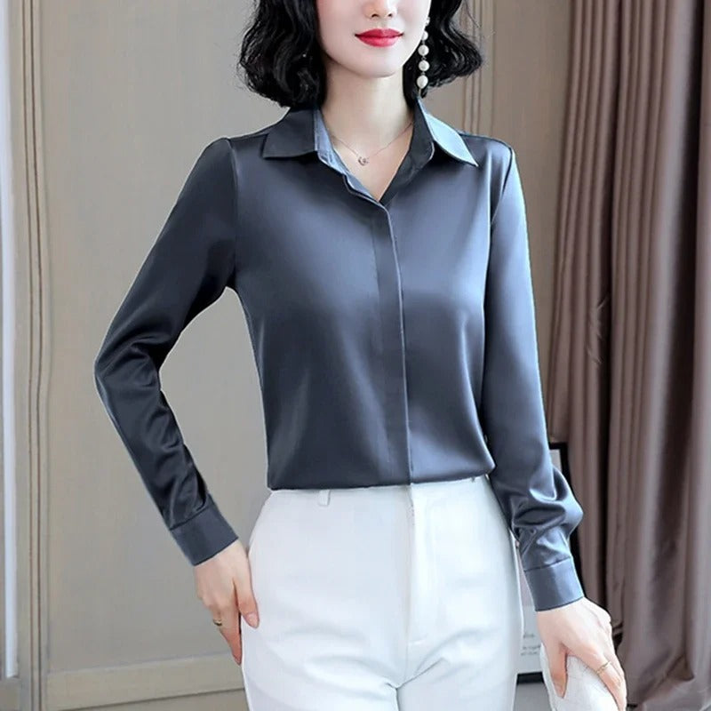 Elegant Satin Long-Sleeve Office Shirt for Women