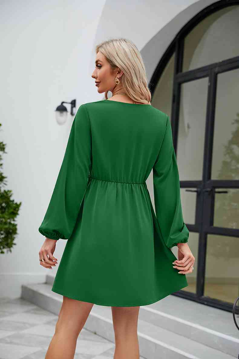 Frill Trim V-Neck Long Sleeve Dress