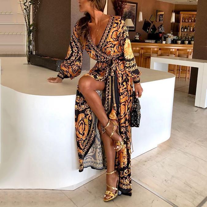 Autumn Long Sleeve V-Neck Print Maxi Dress