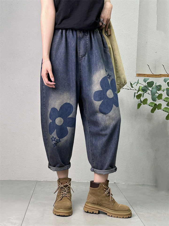 Vintage Big Floral Print Elastic Waist Blue Harem Jeans for Women