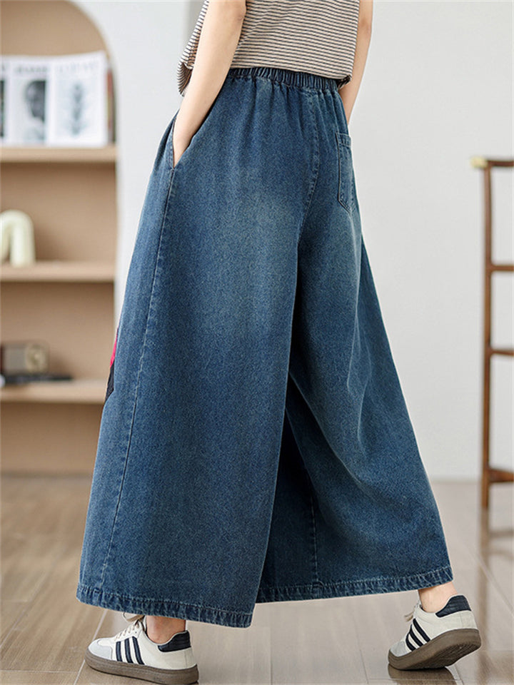 Ethnic Style Peony Patchwork Fashion Wide Leg Jeans for Women