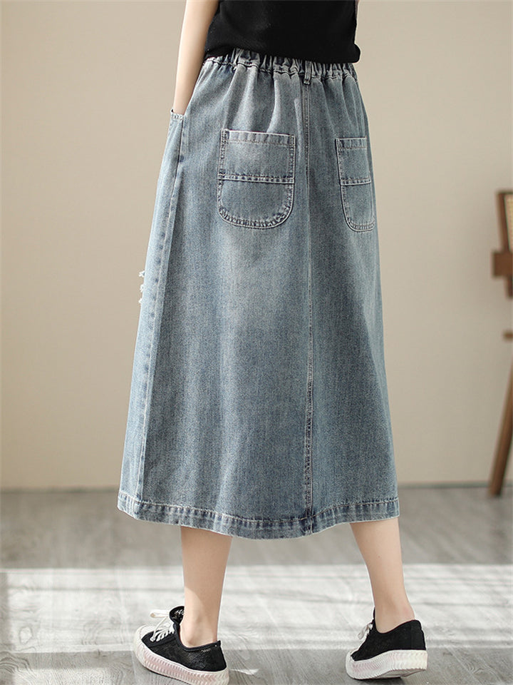 Ladies Floral Embroidered Ripped Vintage Denim Skirt