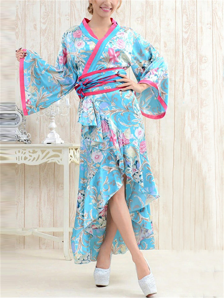 Women's Sweet V Neck Wide Sleeve Ruffled Hem Floral Kimono