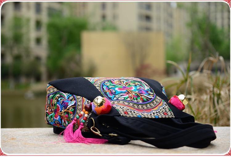 Style Embroidery Versatile Canvas Oblique Tassel Shoulder Bag