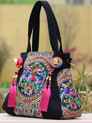 Style Embroidery Versatile Canvas Oblique Tassel Shoulder Bag