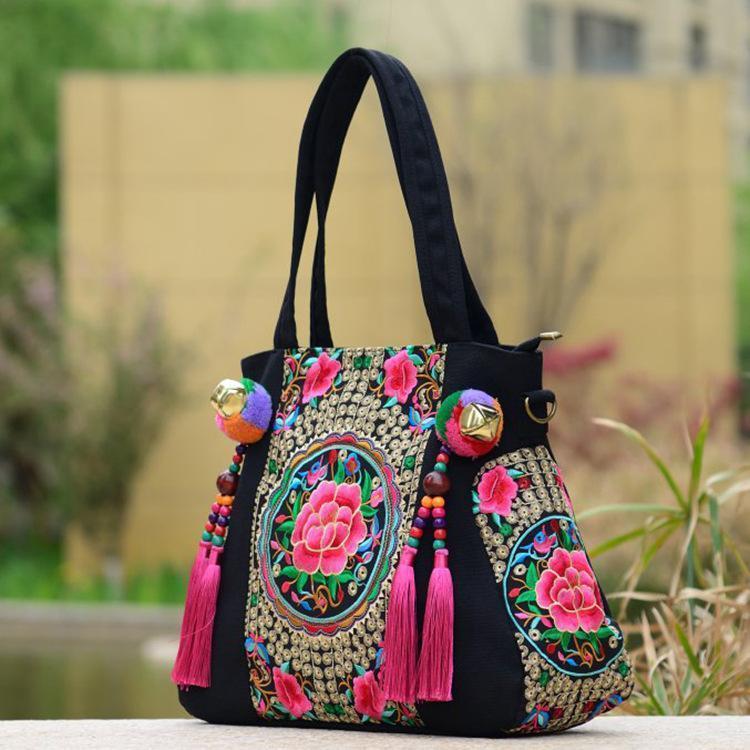 Style Embroidery Versatile Canvas Oblique Tassel Shoulder Bag